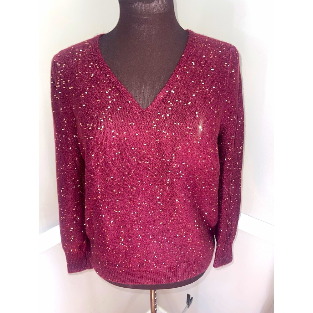 Loft Women's Burgundy Gold Sequin Knit V-Neck Pullover Sweater Womens L